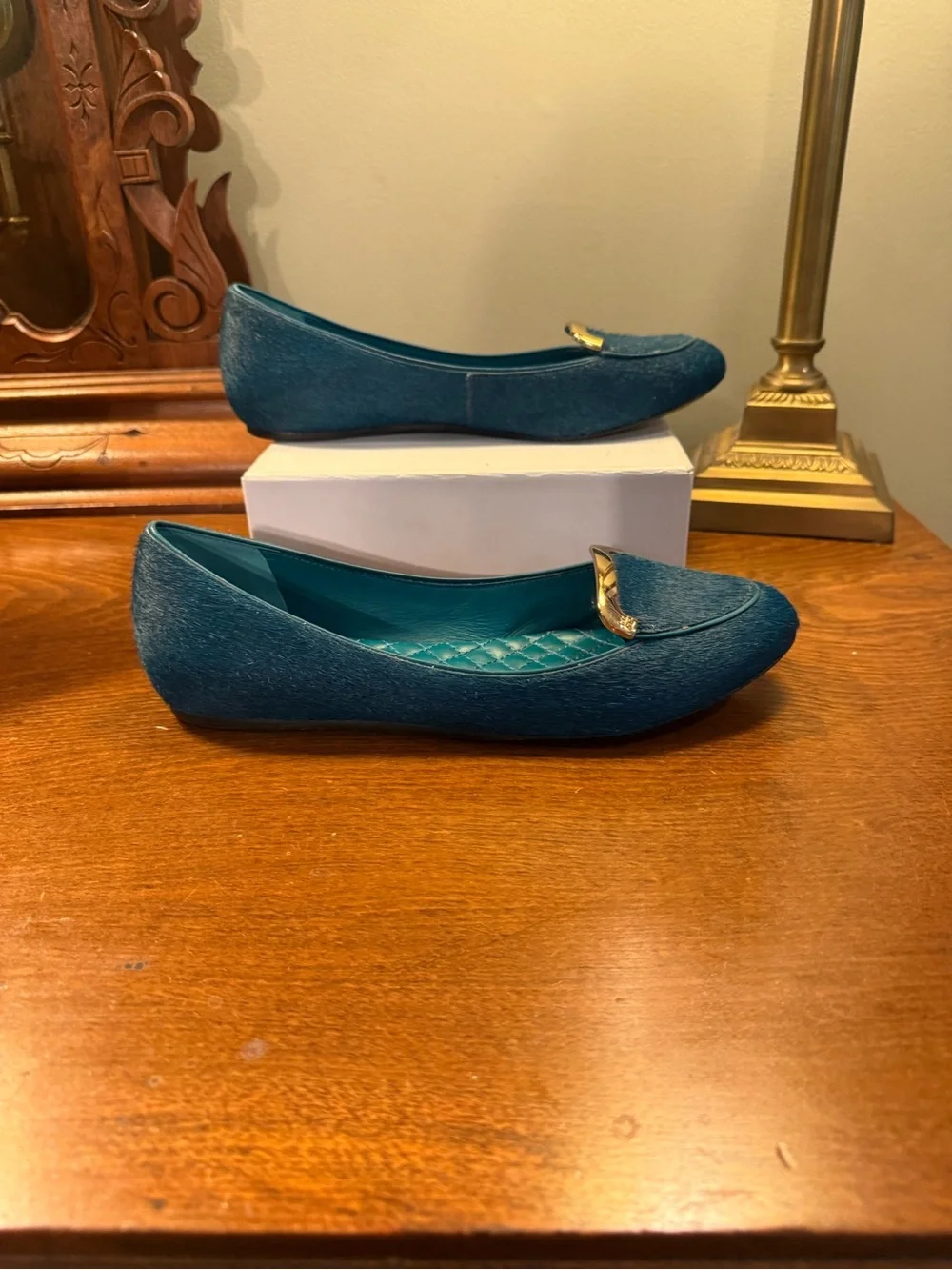 Tory Burch Teal Haircalf Leather Flats with Gold Bar Size 8